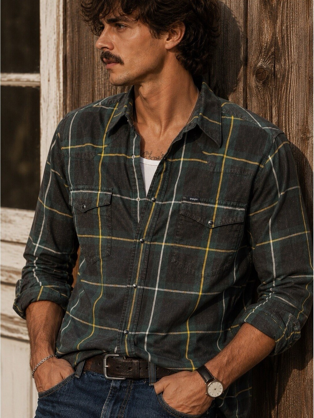 Wrangler Western Plaid Pearl Snap Shirt Men’s Large Green Gray Cowboy